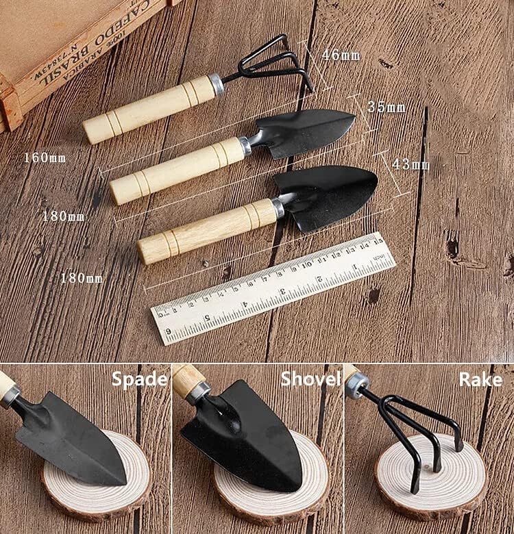 Gardenera Bonsai 3PC Gardening Tool Set: Rake, Spade, Shovel - Wooden Handles - Best Kit for Potted