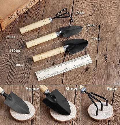 Gardenera Bonsai 3PC Gardening Tool Set: Rake, Spade, Shovel - Wooden Handles - Best Kit for Potted