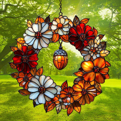 Autumn Floral Wreath Acrylic Suncatcher Stained Glass Effect Window Car Hanging Christmas Ornament