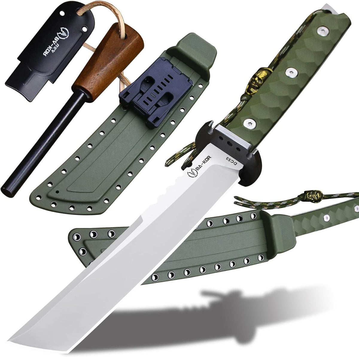 BA-KOR 15.8in Full Tang Japanese Style Outdoor Knife –8mm DC53 Steel, Nylon Fiber Handle &Sheath