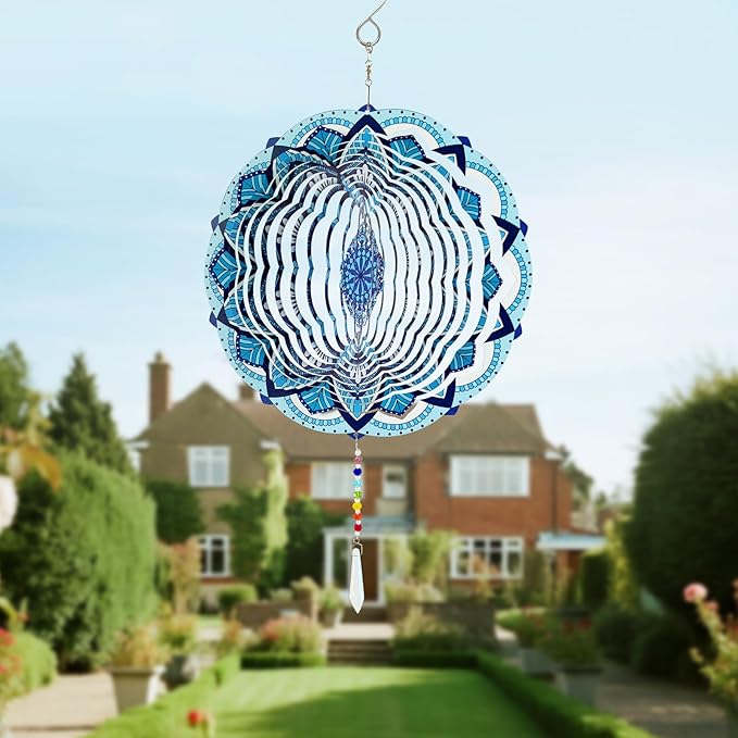 Wind Spinners Outdoor with Crystal Tail, Marzovitra Stainless Steel 3D Kinetic 10 Inch Garden Decor