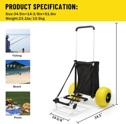 Beach Fishing Cart, 13” Big Balloon Wheels w/Flat-Free Solid PU Tires for Sands, 165LBS Loading