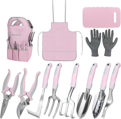 Pink Garden Tool Sets 12 Pieces, iHansee Aluminum Gardening Hand Tools with Non-Slip Handle
