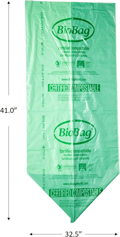 BioBag USA 100% Certified Compostable Lawn & Leaf Yard Waste Bags, 33 Gallon, Large Capacity and
