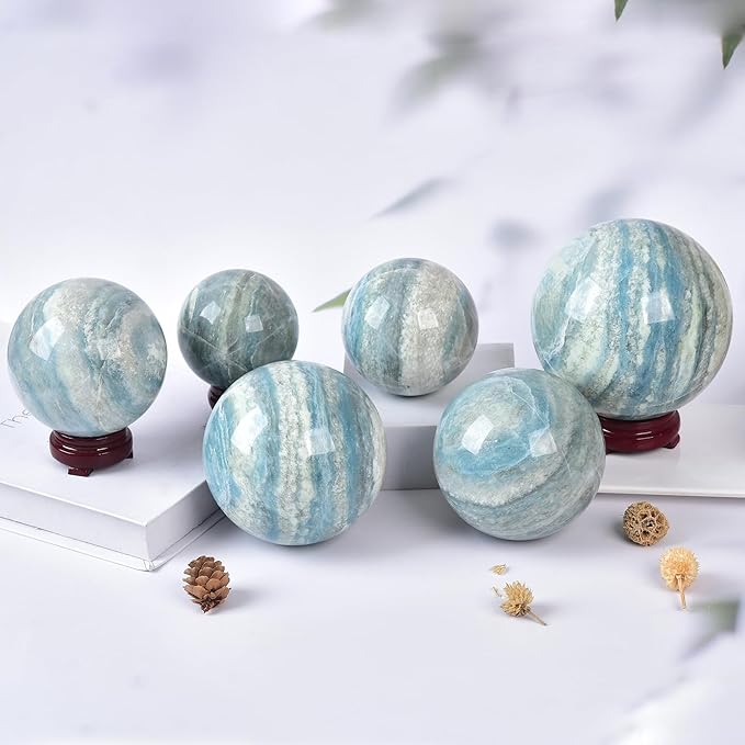 JIC Gem Natural Large Trolleite Crystal Ball Sphere Blue Healing Crystal Gemstone Ball with Display