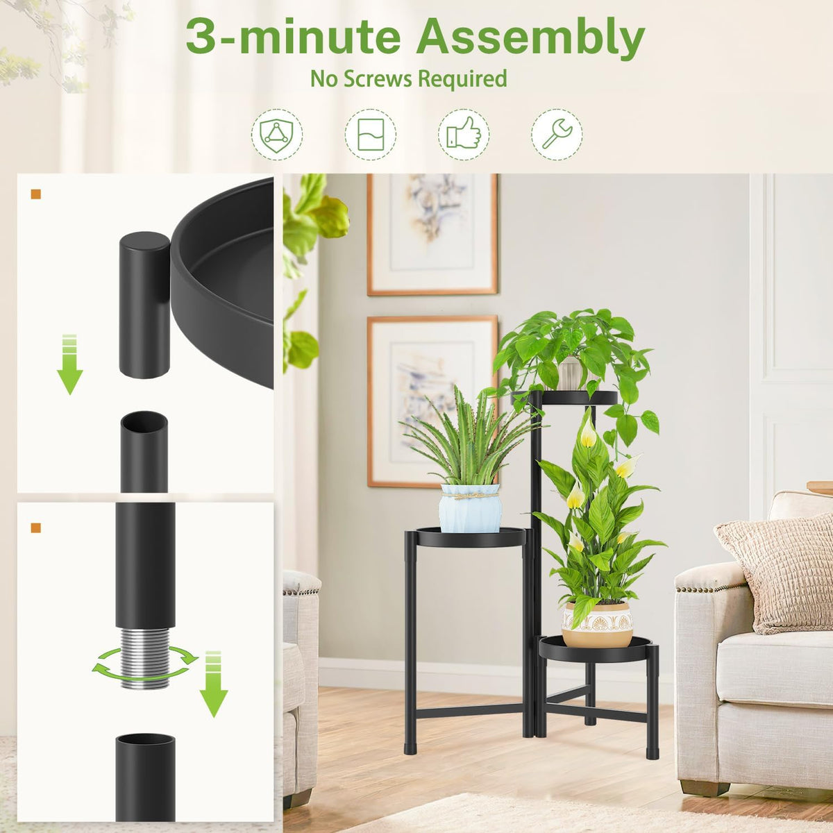 iDavosic.ly Plant Stand Indoor Outdoor, 3 Tier Corner Metal Flower Display Holder Shelf, Folding