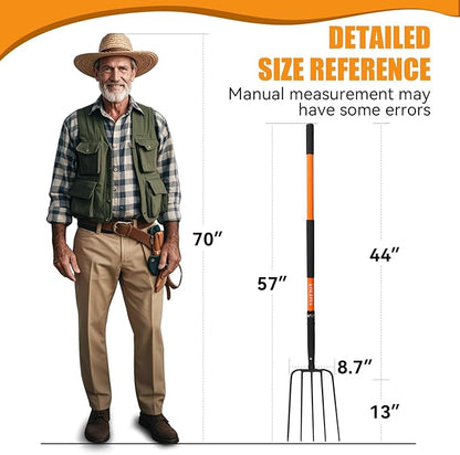 5-Tine Pitchfork for Gardening, 57-Inch Heavy Duty Garden Fork with Orange Fiberglass Handle for