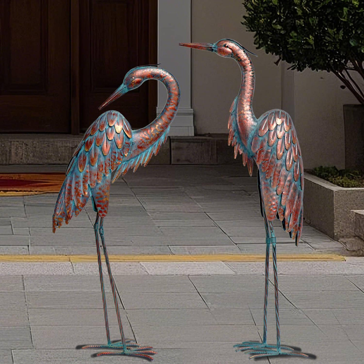 Kircust Metal Crane Statues - Set of 2 Bronze Heron Sculptures for Garden, Patio, or Yard Decor