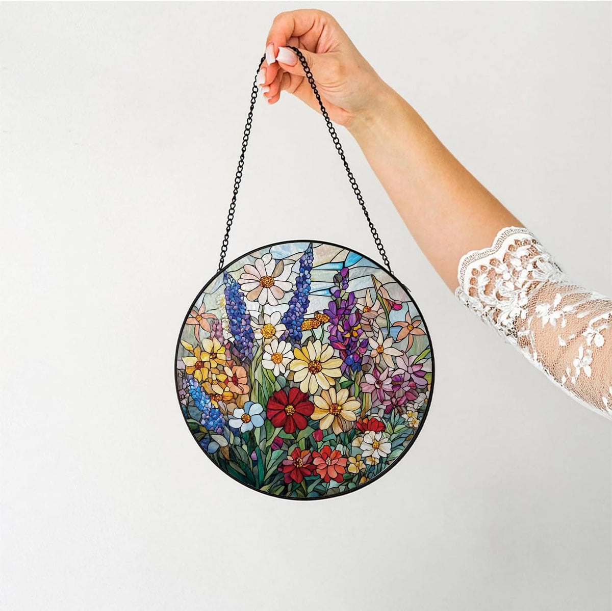 Colorful Wildflowers Suncatcher -7.9 in Stained Glass Window Hanging Sun Catcher Garden Decor