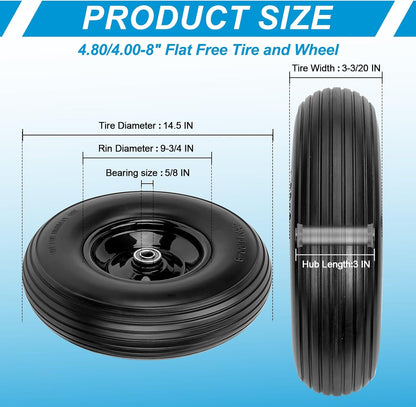 Cenipar 4.80/4.00-8" Flat Free Tire and Wheel 14.5" Solid Flat-Free Replacement Tire with 5/8" or