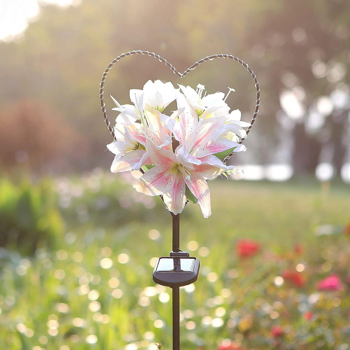 Starryfill Garden Solar Lights Outdoor Heart-Shaped with White Lily Flowers, Metal Stake Lights