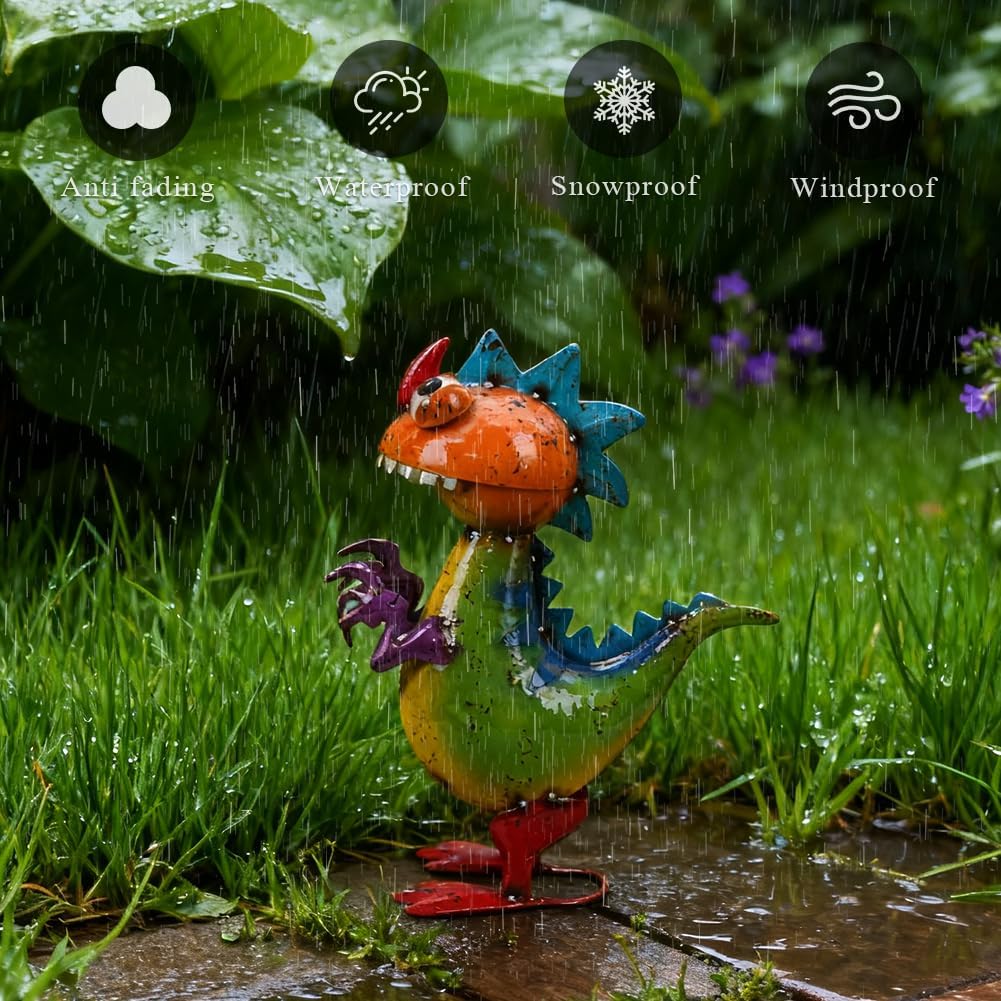 Metal Dinosaur Statue Outdoor Garden Decor - Wacky Dino Yard Art Gift, Funny Dinosaur Sculpture for