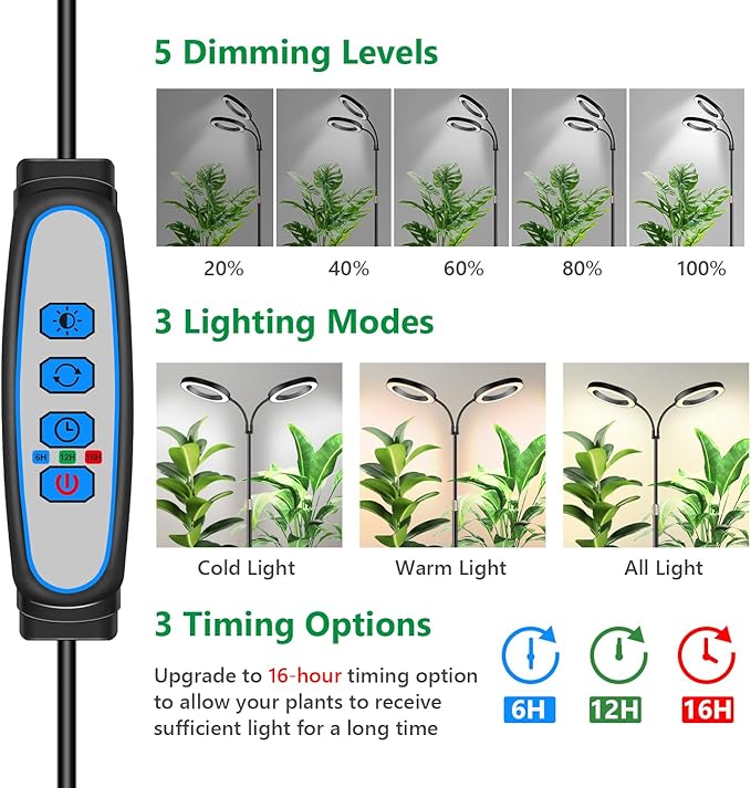 Large Plant Light for Indoor Plants, 2 Head Full Spectrum Grow Light with 68" Adjustable Stand for