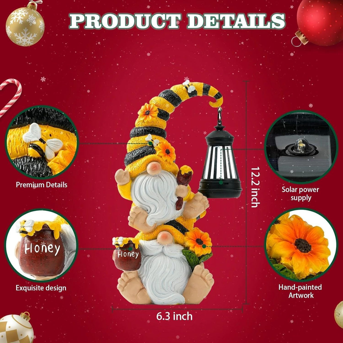 Solar Bee Garden Gnomes with LED Lantern – Waterproof Stacked Outdoor Decor for Yard, Patio