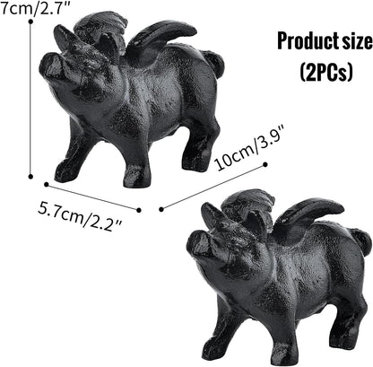 Sungmor Whimsical Cast Iron Flying Pig Statue, 2pcs Rustic Black Cute Little Piggy Paperweight