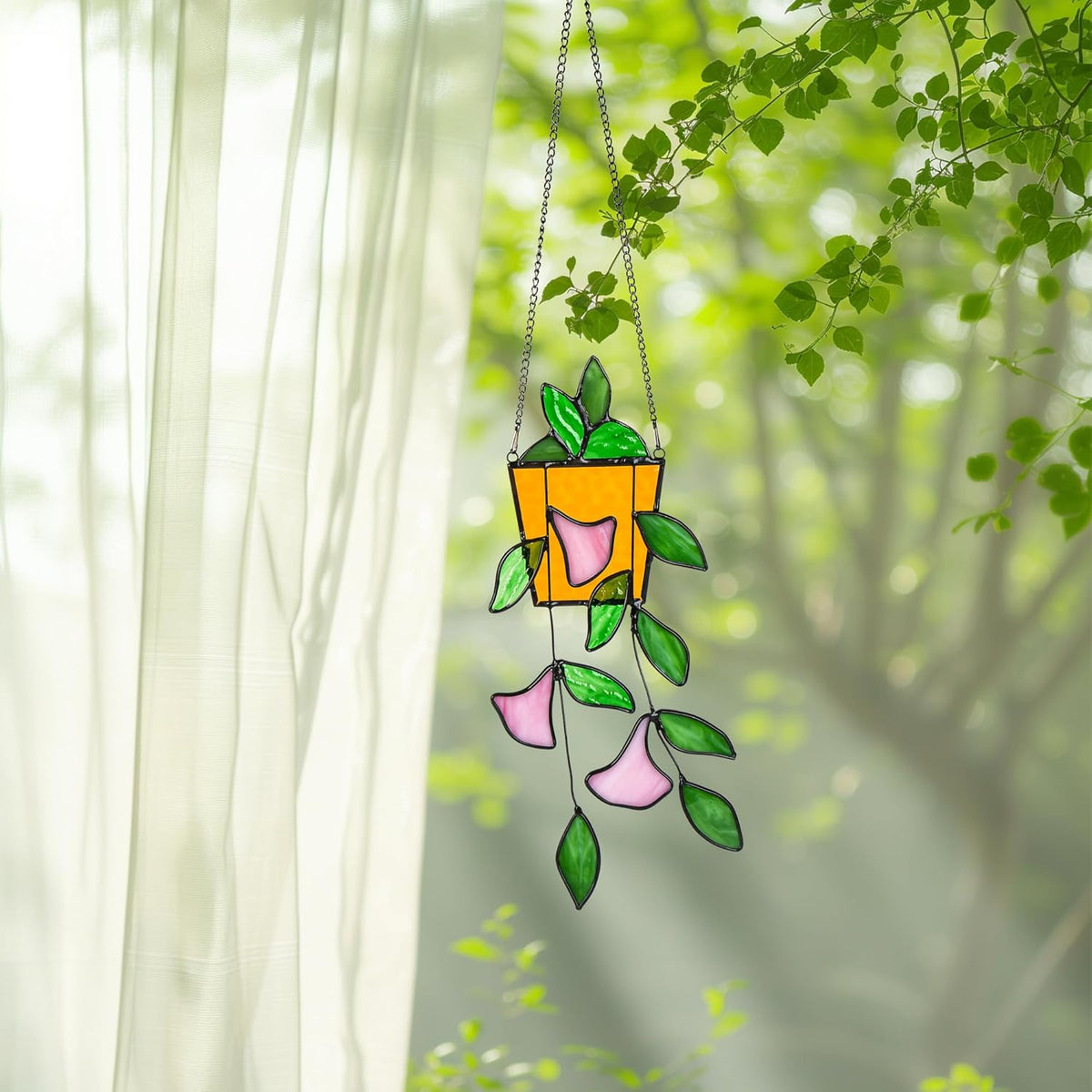 Plant Stained Glass Window Hanging, Green Leaf Morning Glory Stained Glass Suncatchers Plant