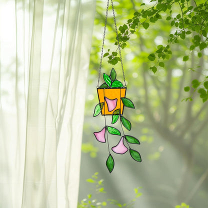 Plant Stained Glass Window Hanging, Green Leaf Morning Glory Stained Glass Suncatchers Plant