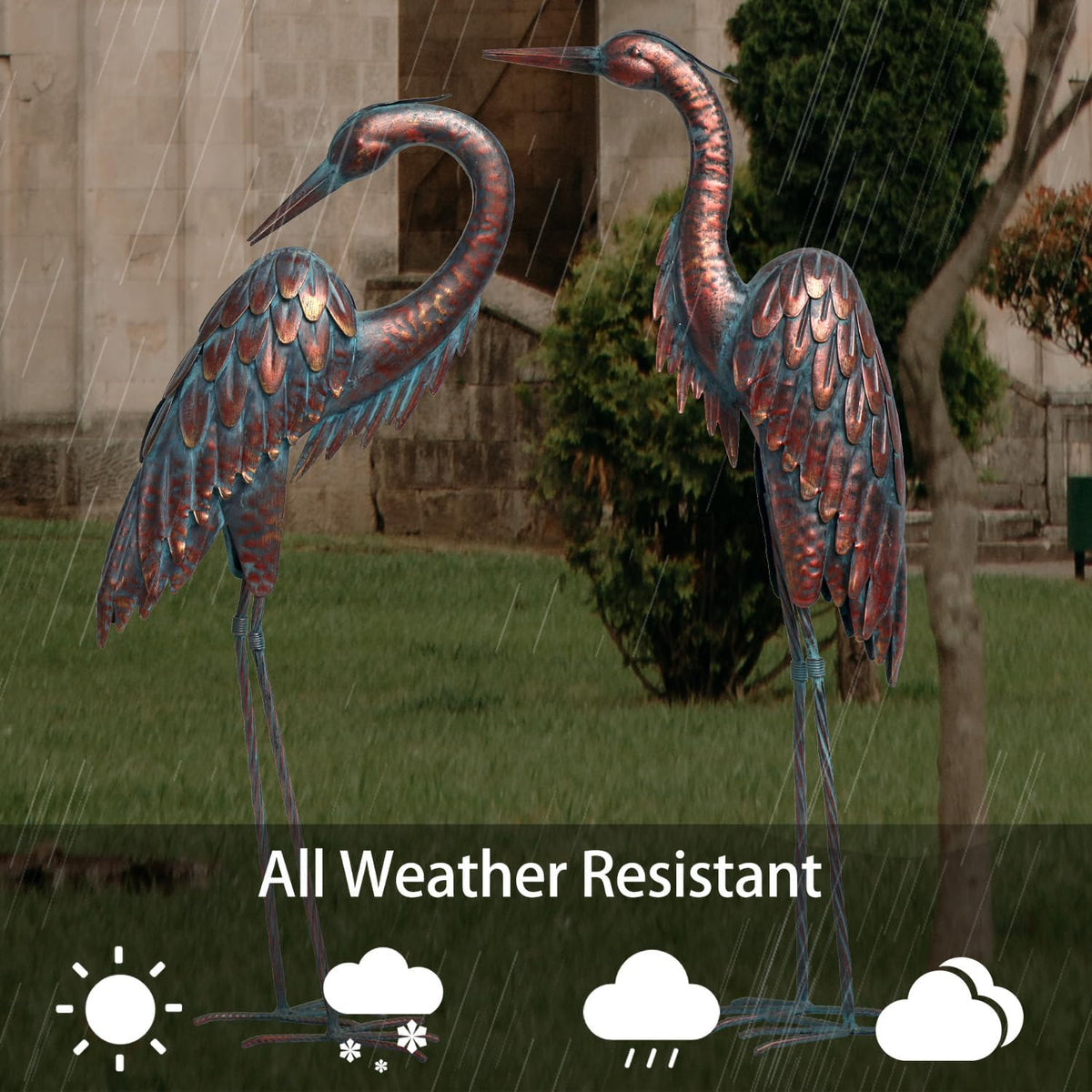 Kircust Metal Crane Statues - Set of 2 Bronze Heron Sculptures for Garden, Patio, or Yard Decor