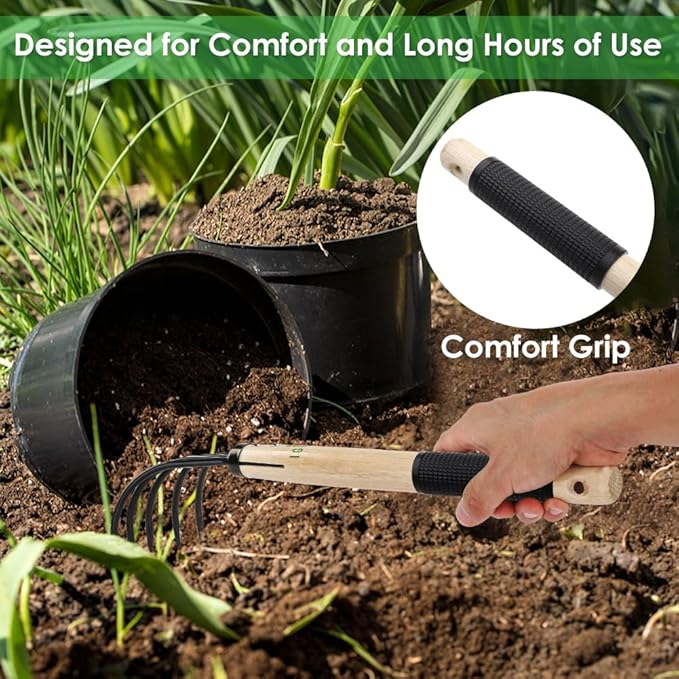 15inch Wood Hand Japanese Claw Rake NonSlip Rubber Handle, Military Grade Steel 5 Tine Cultivator