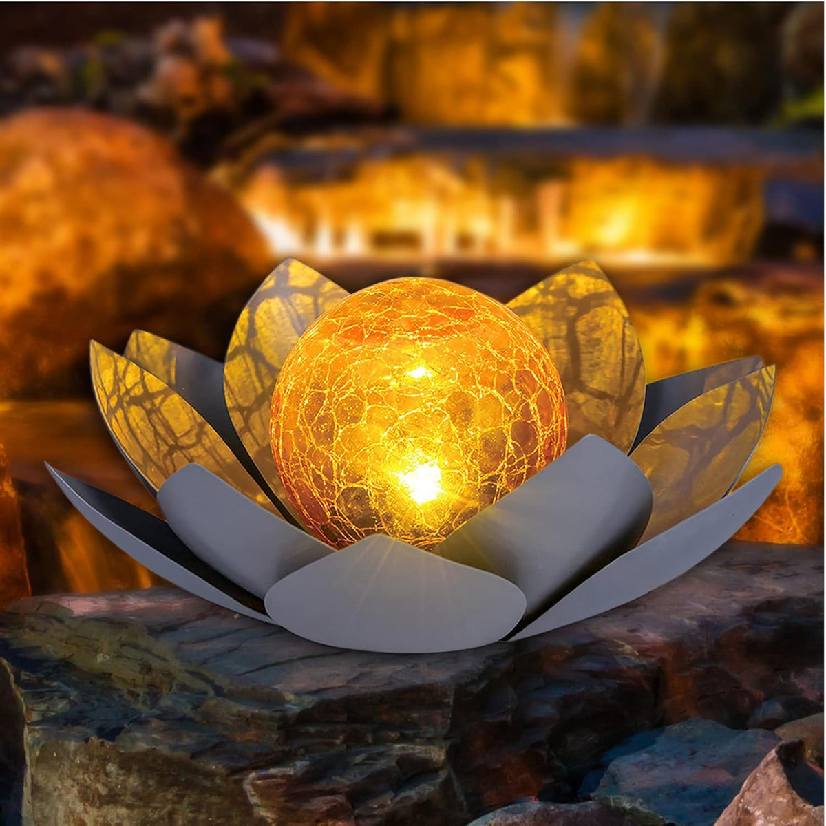 Huaxu Solar Lights Outdoor Garden Decor , Amber Crackle Globe Glass Lotus Decoration,Waterproof