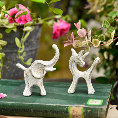 Sungmor Set of 2 Cast Iron Elephant & Unicorn Figurines - Rustic White Animal Sculptures for Shelf
