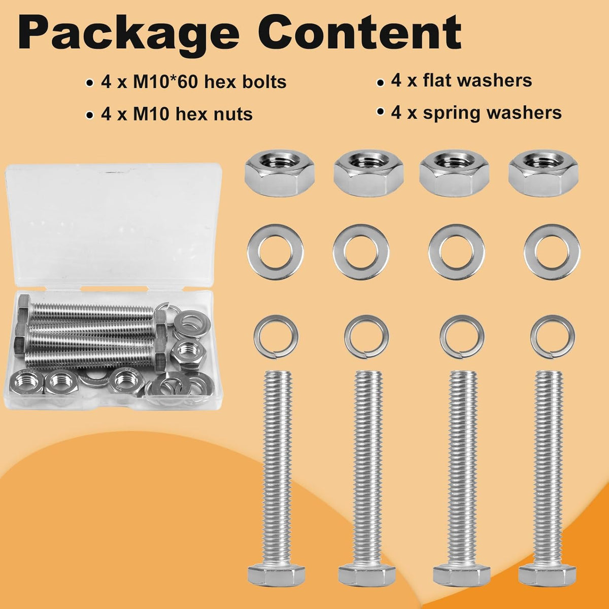 M10 Hex Bolts and Nuts Set, M10x60mm Fully Thread Bolt, M10-1.25mm Hexagon Nut with Flat Washers