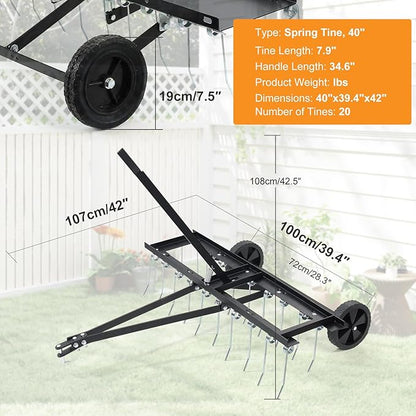 Tow Behind Dethatcher: 40inch Pull Behind Lawn Rake with 20 Spring Steel Tines Heavy Duty Lawn