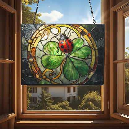 Personalized Rectangle Art Nouveau Ladybug On Clover Suncatcher Stained Glass Window Hangings Sun