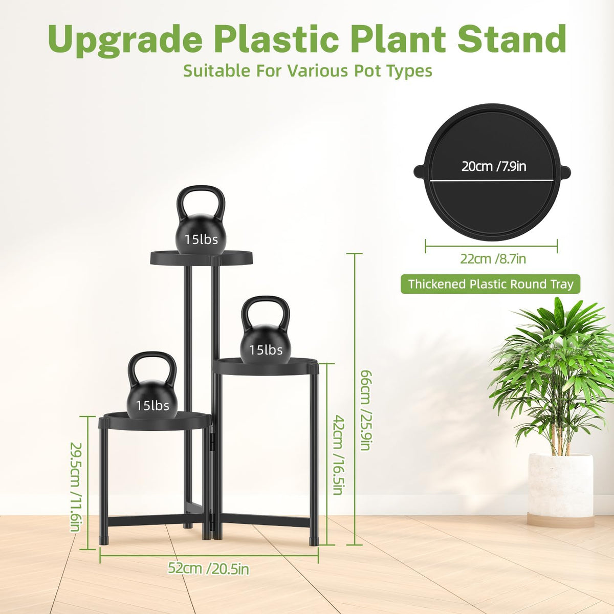 iDavosic.ly 3 Tier Folding Plant Stand Indoor Outdoor with Plastic Tray, Tiered Corner Flower