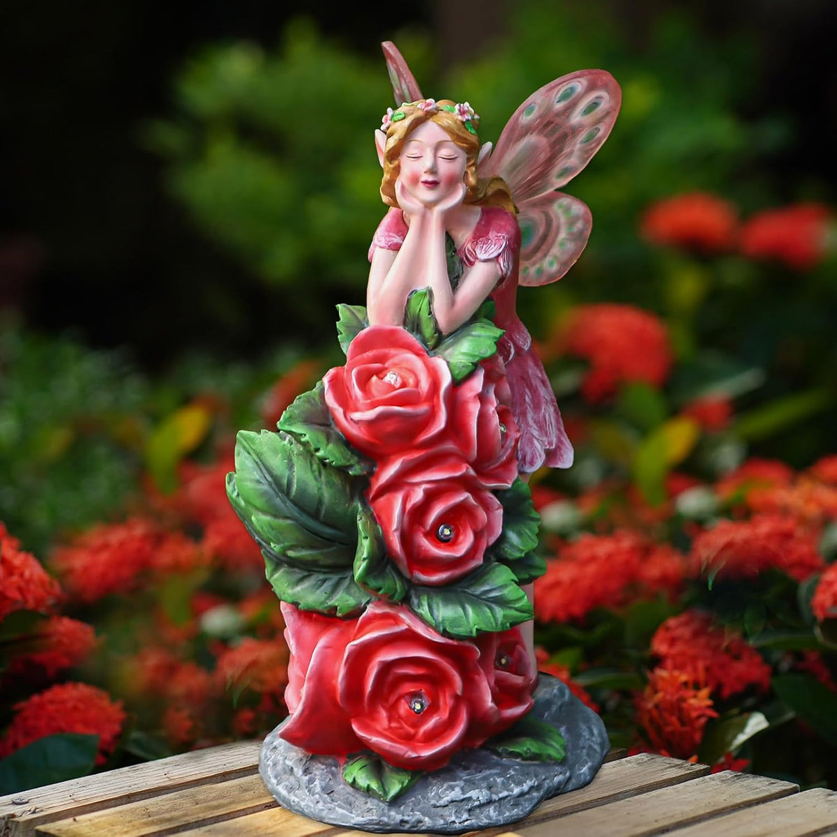 Solar Garden Outdoor Statues Cute Flower Fairy with 7 LED Solar Figurine for Lawn,Patio, Balcony