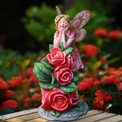 Solar Garden Outdoor Statues Cute Flower Fairy with 7 LED Solar Figurine for Lawn,Patio, Balcony