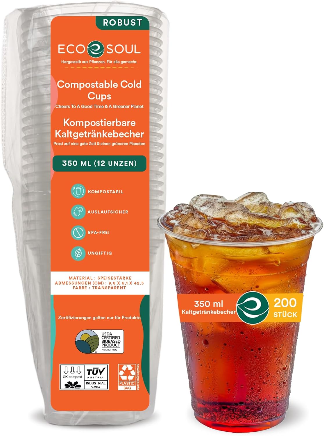 ECO SOUL 100% Clear Compostable Party Cups | (200 Count, 12 oz) | Disposable | Biodegradable |