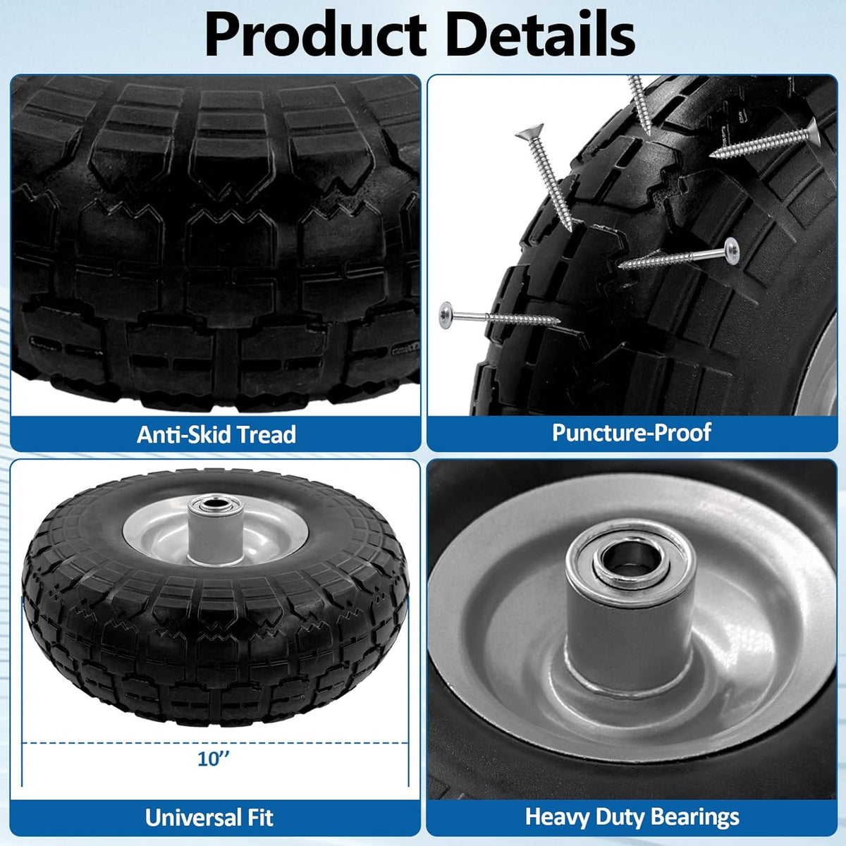10-Inch 4.10/3.50-4 Tire and Wheel Flat Free, Heavy Duty Solid Replacement Tire with 5/8" Bearings