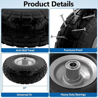 10-Inch 4.10/3.50-4 Tire and Wheel Flat Free, Heavy Duty Solid Replacement Tire with 5/8" Bearings