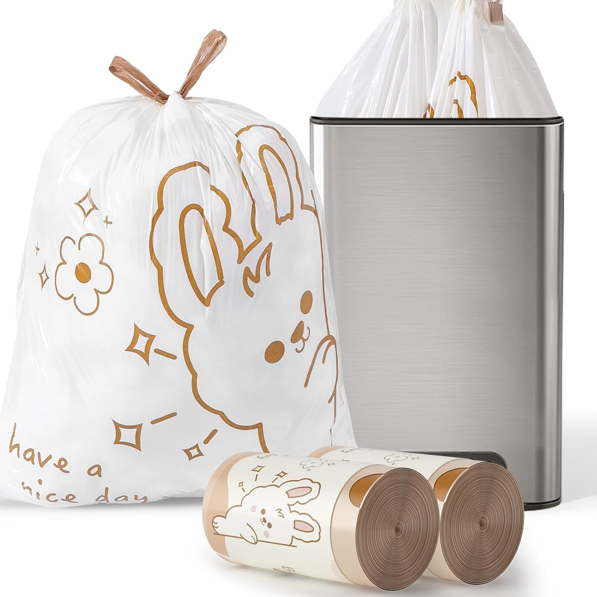 13 Gallon Trash Bags with Cute Rabbit Printed & Drawstring, Tear-Resistant Tall Kitchen Garbage