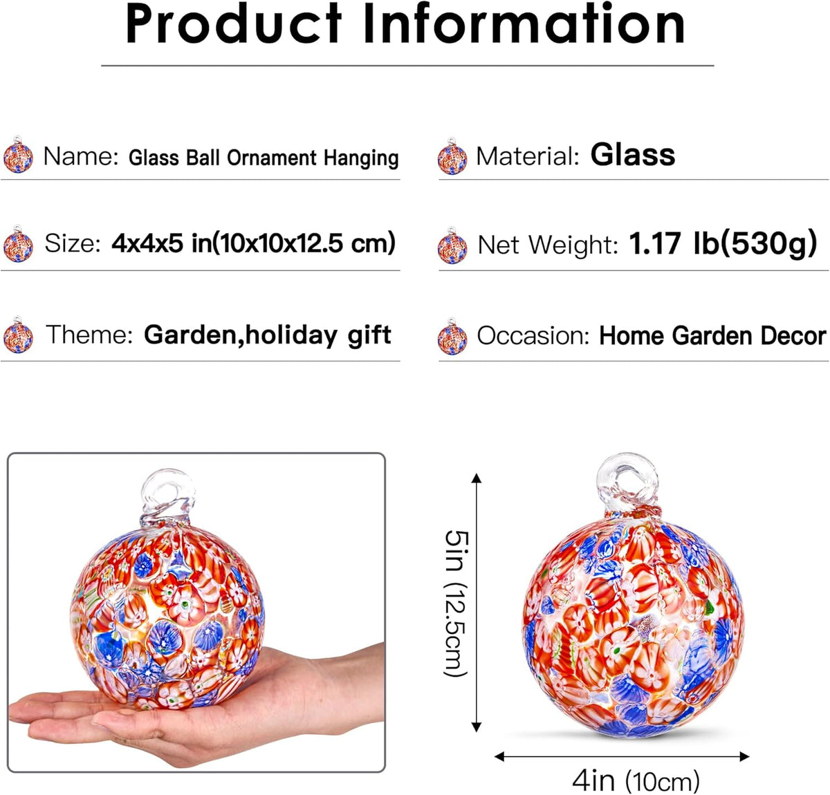 EUSTUMA Hand Blown Glass Witch Ball,Glass Ornament Hanging Garden Gazing Ball Indoor Outdoor Home