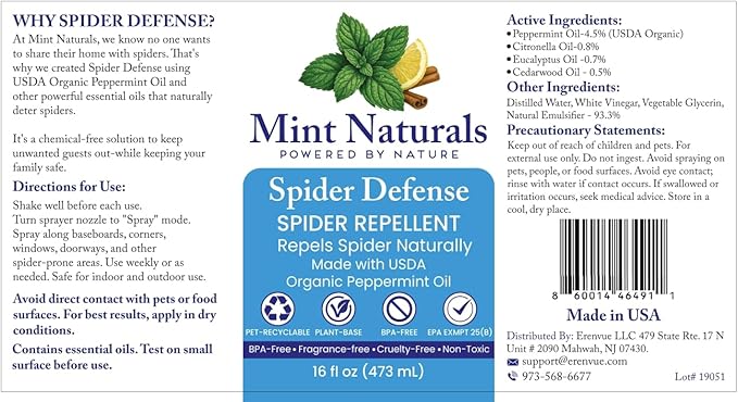 Spider Defense – Natural Spider Repellent Indoor & Outdoor, Peppermint Oil Spray for Home, Cabins