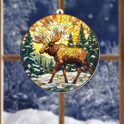 Stained Glass Style Acrylic Moose Ornament 2025 - Rustic Cabin Christmas Tree Ornament, Wildlife