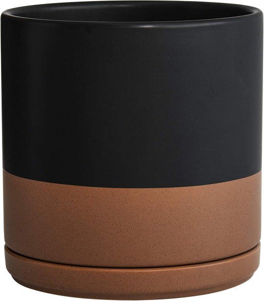 D'vine Dev 8 Inch Ceramic Planter Pot with Drainage Hole and Saucer, Indoor Cylinder Round Planter
