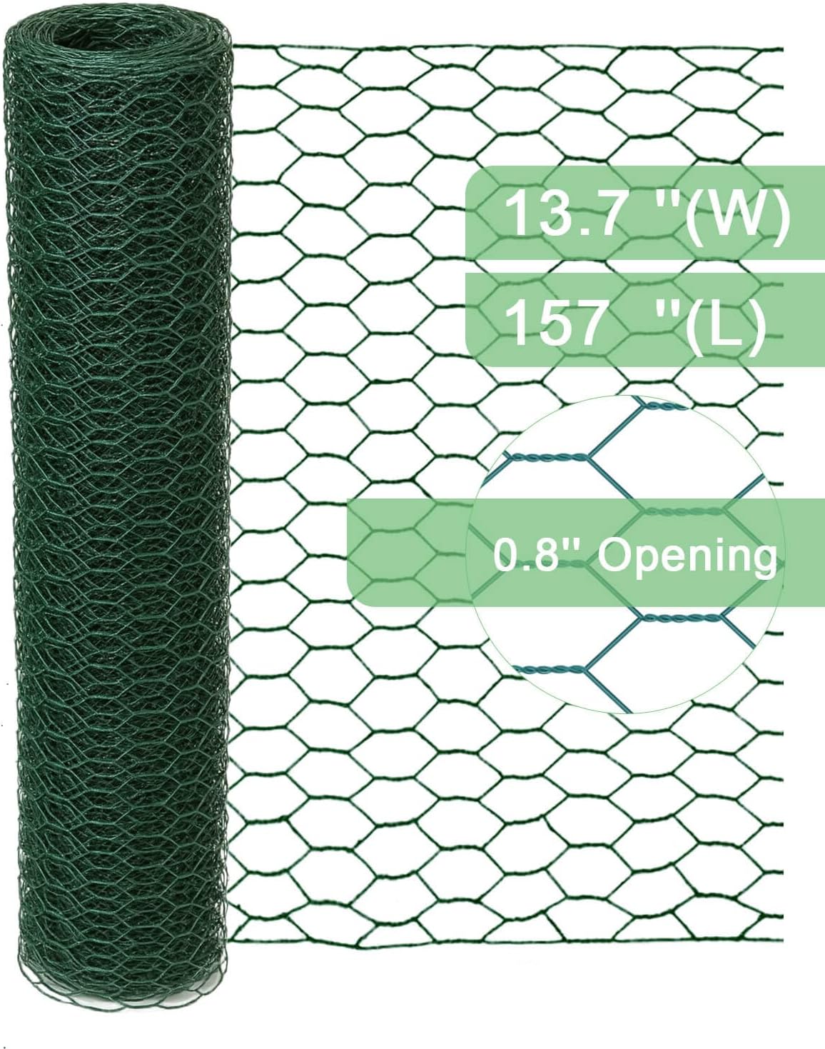 vensovo Green Chicken Wire for Crafts – 13.7"×157" PVC Coated Hexagonal Mesh Roll, cuttable and
