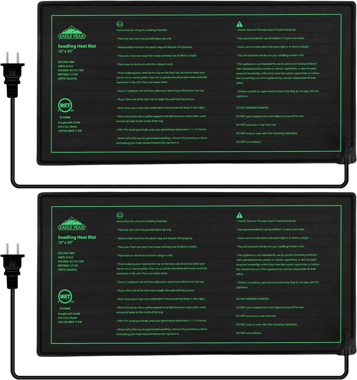 EAGLE PEAK 2 Pack Waterproof Seedling Heat Mat 10” x 20”, UL & MET-Certified Heating Pad for Seed