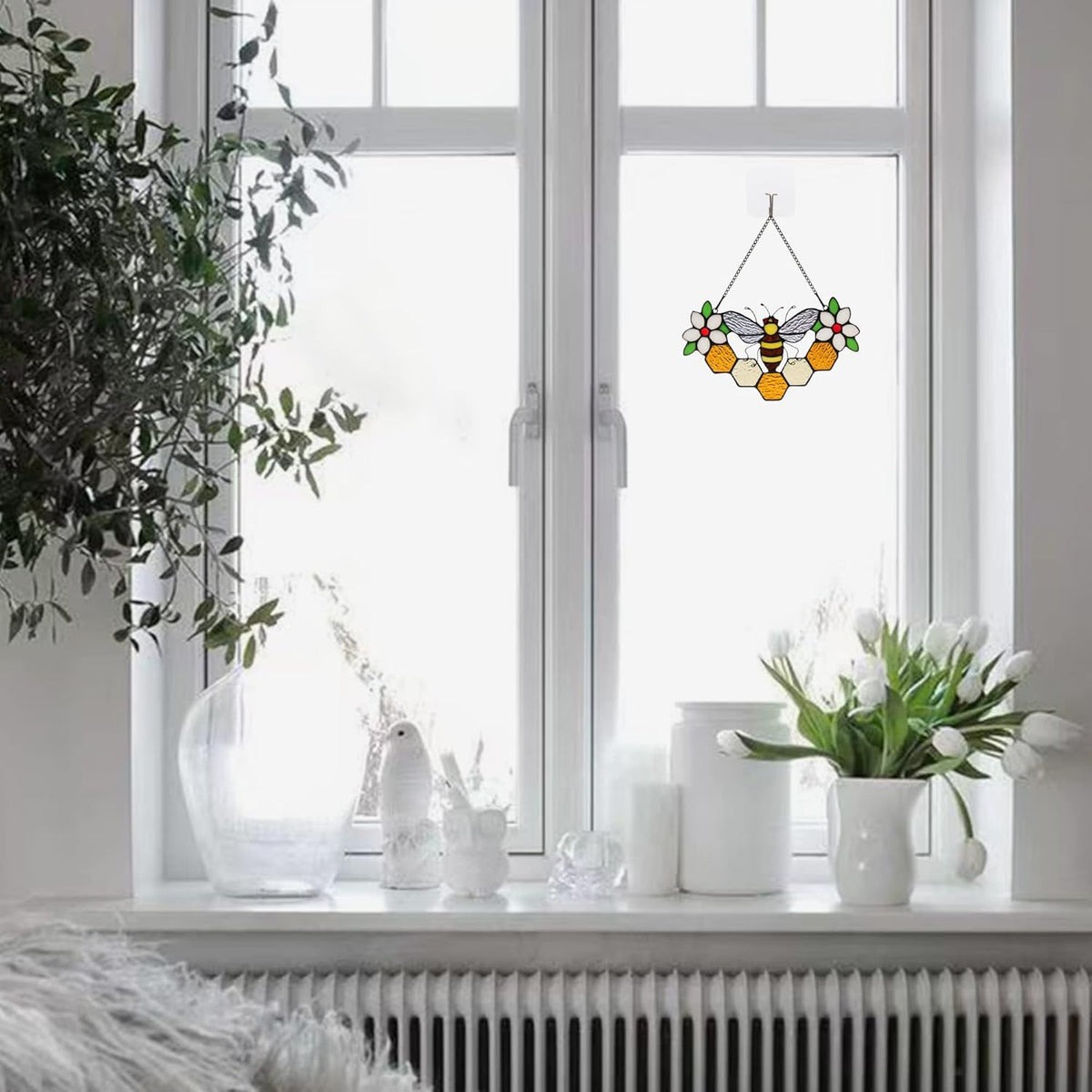 Bee Decor Stained Glass Window Hanging,Honeybee Honeycomb with Flowers Suncatcher for Window,Wall