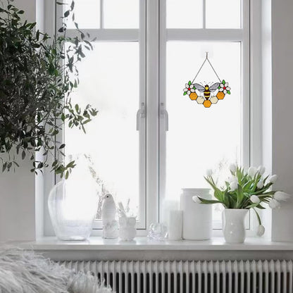 Bee Decor Stained Glass Window Hanging,Honeybee Honeycomb with Flowers Suncatcher for Window,Wall