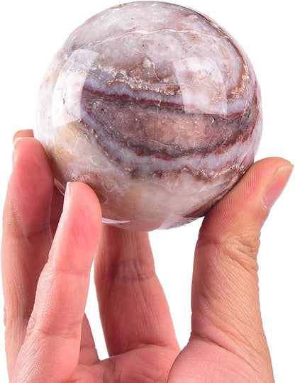 JIC Gem Striped Agate Crystal Ball with Wooden Stand Healing Crystal Sphere Ball for Feng Shui