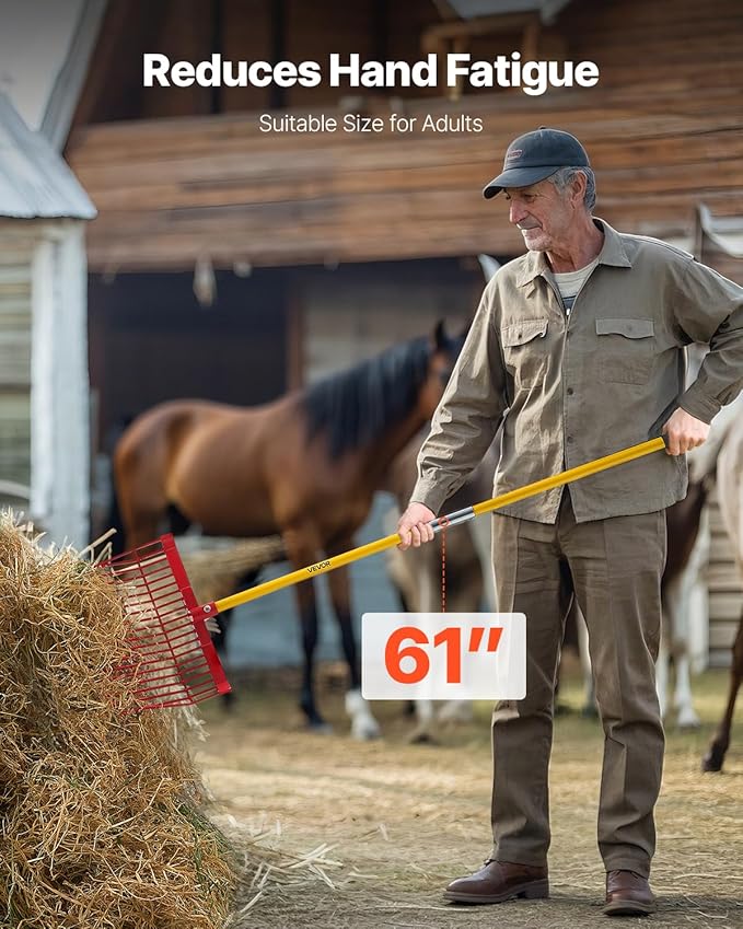 VEVOR Manure Fork, 18 Angled Tines, Horse Manure Rake with Long Fiberglass Handle, 61 in Durable