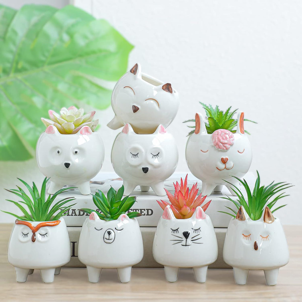 ARTKETTY 8 Pcs Succulent Pots with Drainage, Small Cartoon Animal Planters Ceramic Planter Pot for