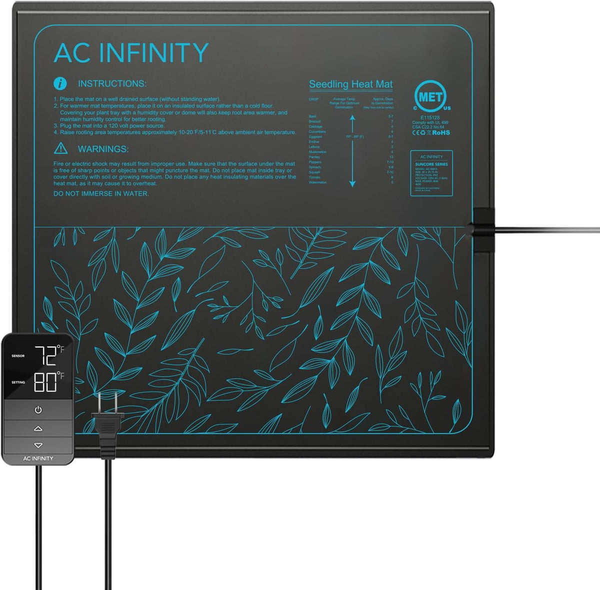 AC Infinity SUNCORE H5, Seedling Mat 20” x 20.75” with Digital Thermostat Controller for Exact