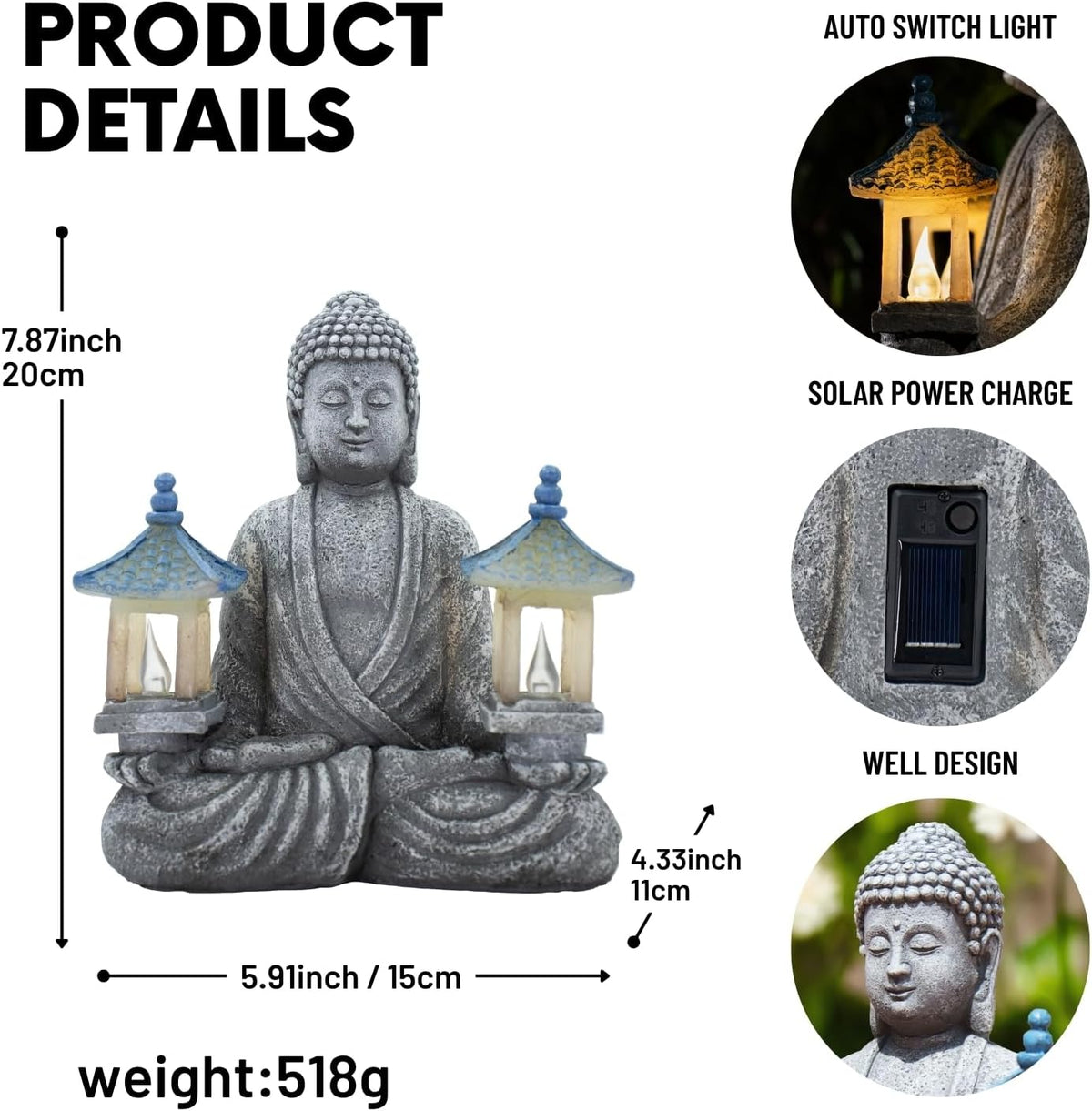 Meditating Buddha Statue with Solar Lights, Zen Garden Decor for Home, Patio, Yard, Outdoor