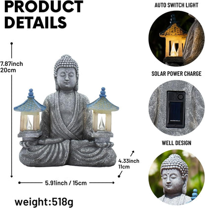 Meditating Buddha Statue with Solar Lights, Zen Garden Decor for Home, Patio, Yard, Outdoor