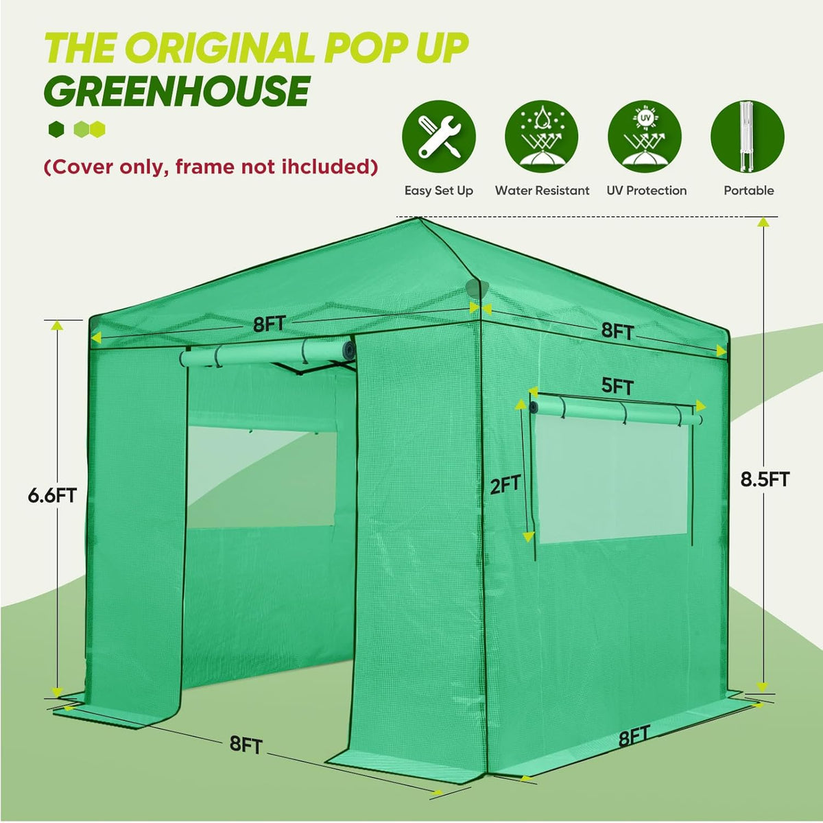 EAGLE PEAK Replacement Cover for 8x8 Portable Walk-in Pop up Greenhouse, Front and Rear Roll-Up